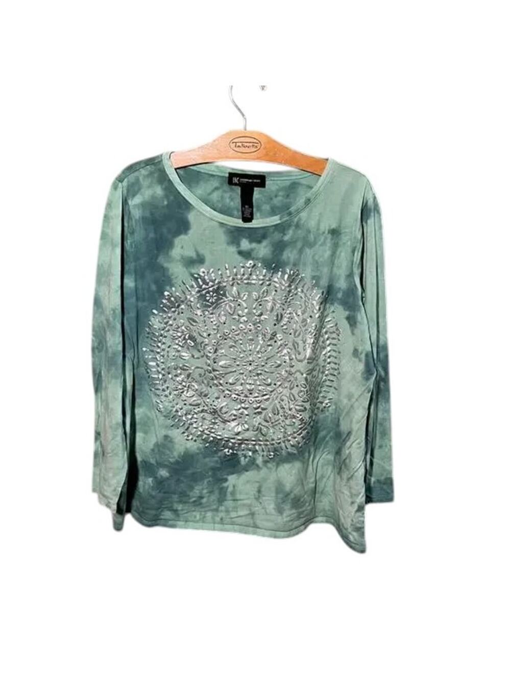 INC Sage Green Tie Dye Long Sleeve Top with Metallic Mandala Design